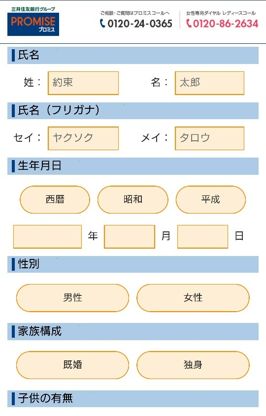 プロミス入力画面の申込者情報
