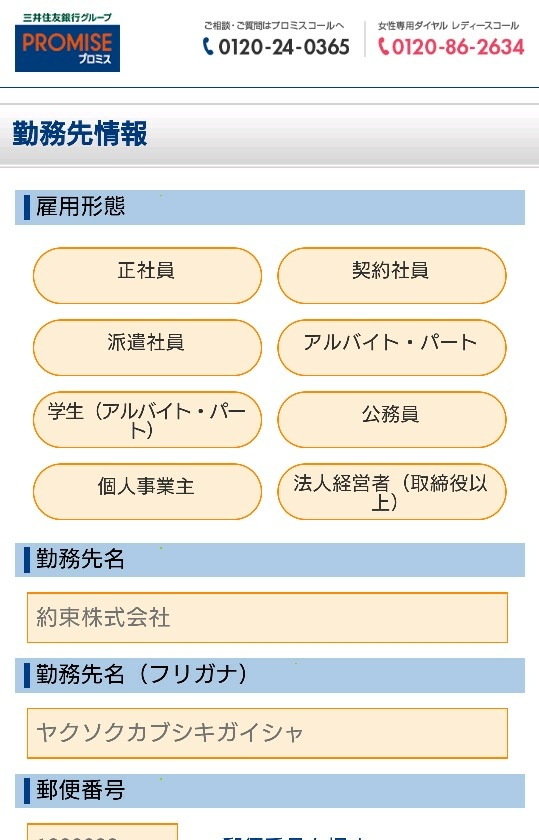 プロミス入力画面の勤務先情報
